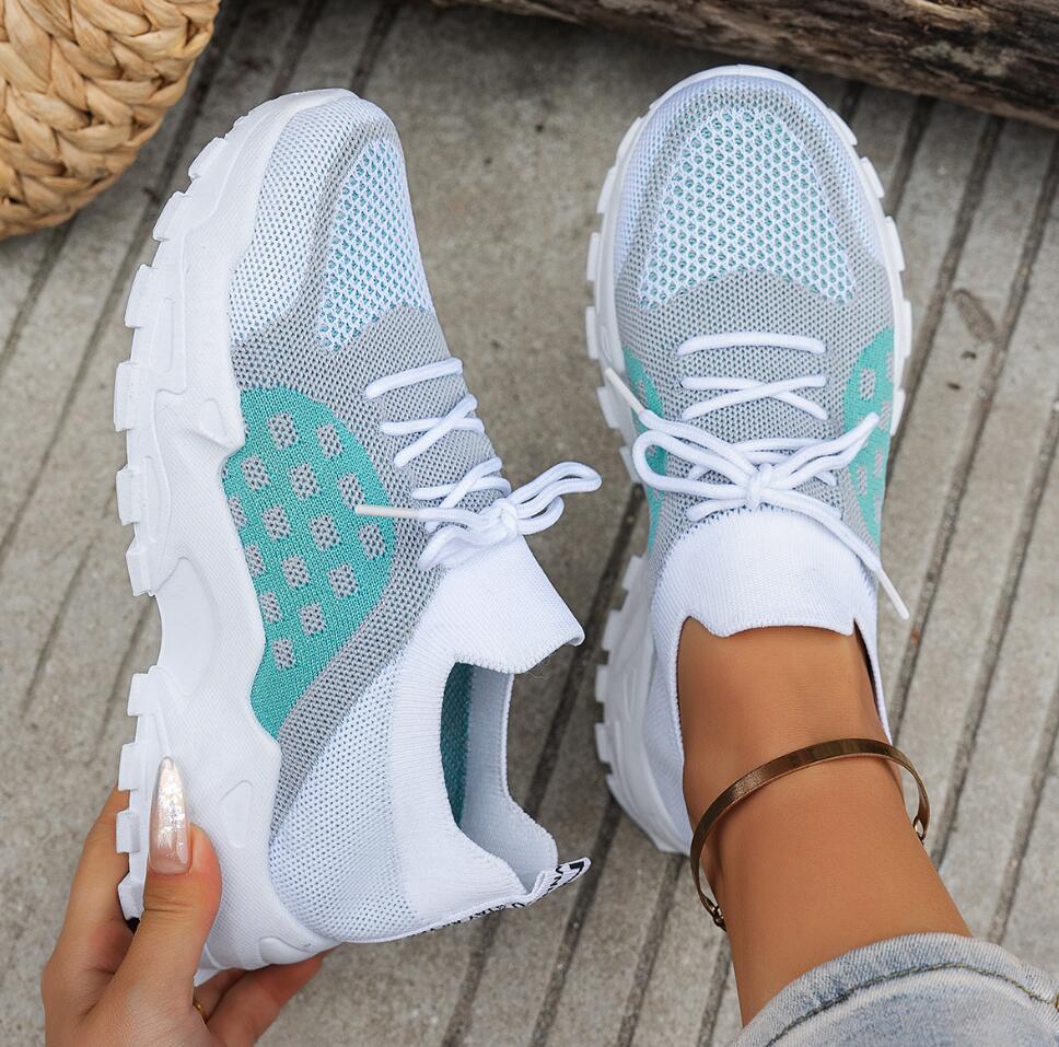 Knit Fabric Lace Up Sneakers - Dames Ademend Gebreide Mesh Sportschoenen Zomer